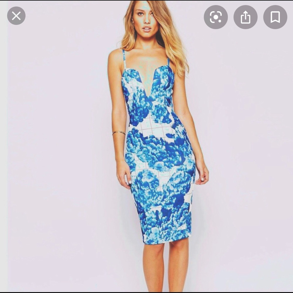 Blue and white midi bodycon dress